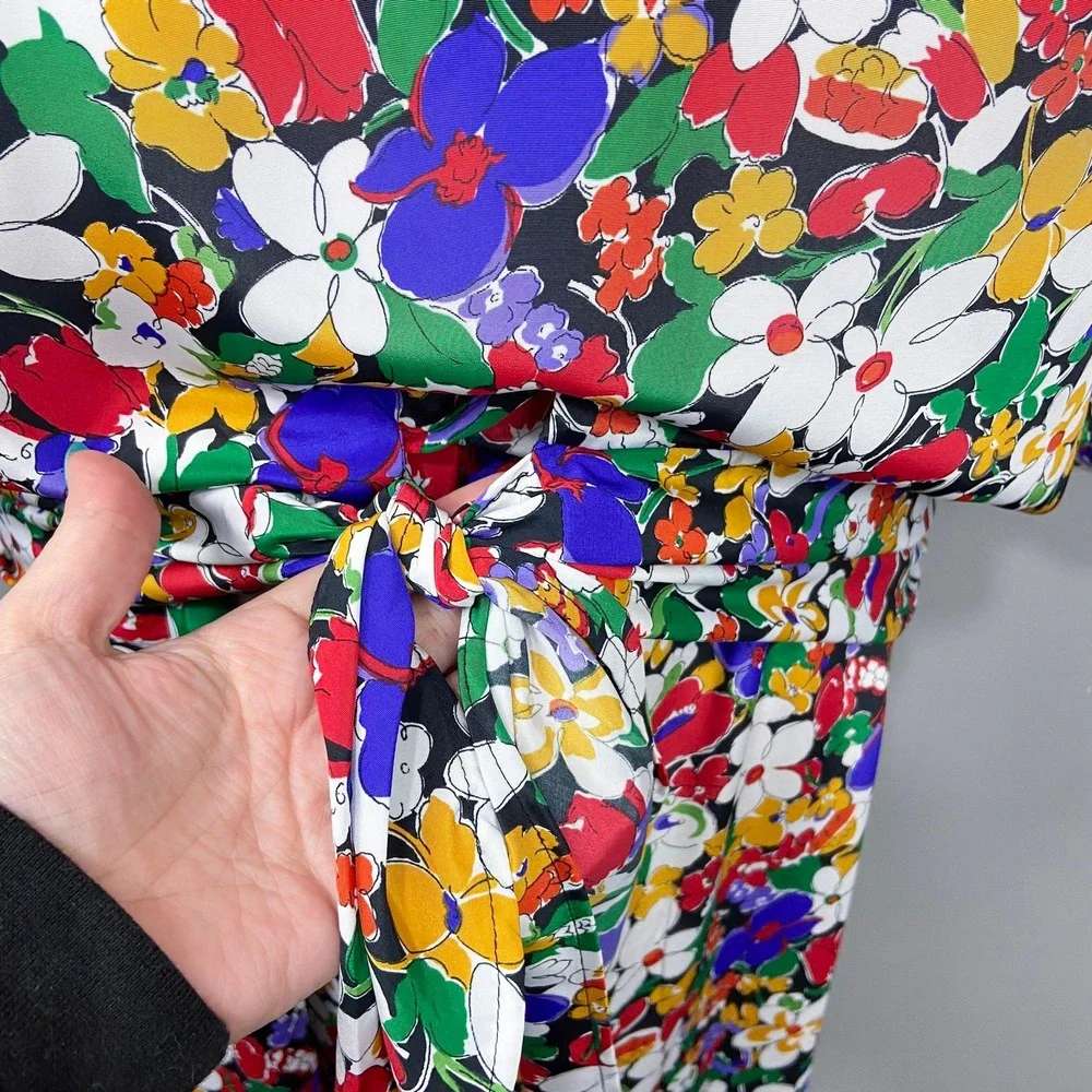 Vintage Cos Cob Floral Dress Size L Colorful Flowers Tie Waist Retro 2 Piece Set